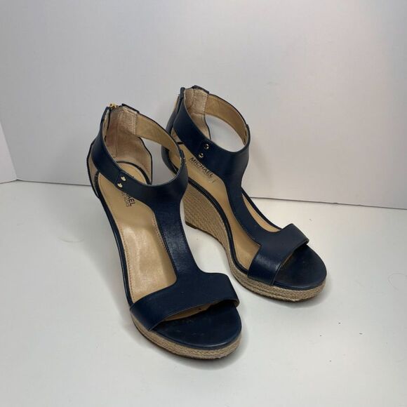Michael Kors Navy Leather Stylish T Strap Open Toe Heeled Sandals Espadrilles - Picture 3 of 10